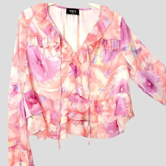 VICI Womens S Sheer Fairy Oversized Ruffle Blouse Whimsical Romantic Blush - Picture 6 of 9